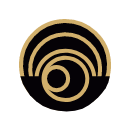 A logo, moon and earth, asteroid rings