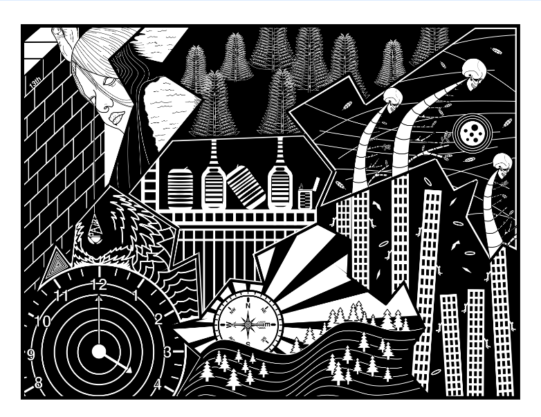 Depecting a woman stuck in place, layout as if glass were shattered, representing herself