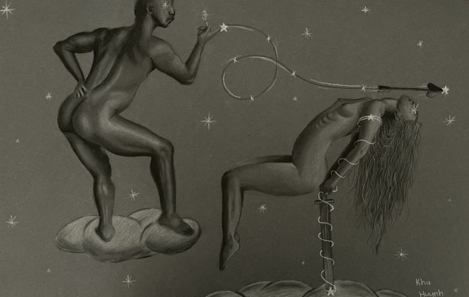 Both naked, standing on clouds within space, two figures, man and woman, he shoots the arrow with his finger, she dodges by leaning back against the sword behind her in her hands.